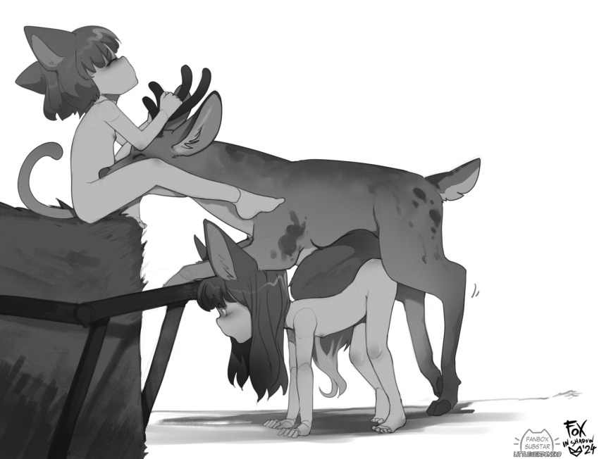 2girls alice_(headpatalice) all_fours animal_ears antlers bestiality cat_ears cat_girl cat_tail commentary cunnilingus deer english_commentary fanbox_username ffm_threesome flat_chest fox_ears fox_girl fox_tail foxinshadow full_body greyscale group_sex hay_bale hetero horns loli long_hair monochrome multiple_girls oral original second-party_source sex sex_from_behind short_hair signature simple_background sitting sketch sogeki_(fuyumi_sogeki) subscribestar_username surprised tail threesome vaginal white_background