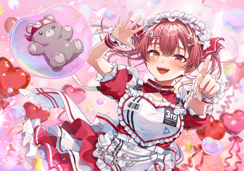 1girl absurdres apron balloon blush commentary_request cowboy_shot dakuryuu dress heart_apron heart_balloon heterochromia highres hololive hololive_3rd_generation_live_outfit houshou_marine idol long_hair maid maid_headdress open_mouth red_dress red_eyes red_hair solo_focus stuffed_animal stuffed_toy teddy_bear teeth twintails upper_teeth_only virtual_youtuber white_apron yellow_eyes