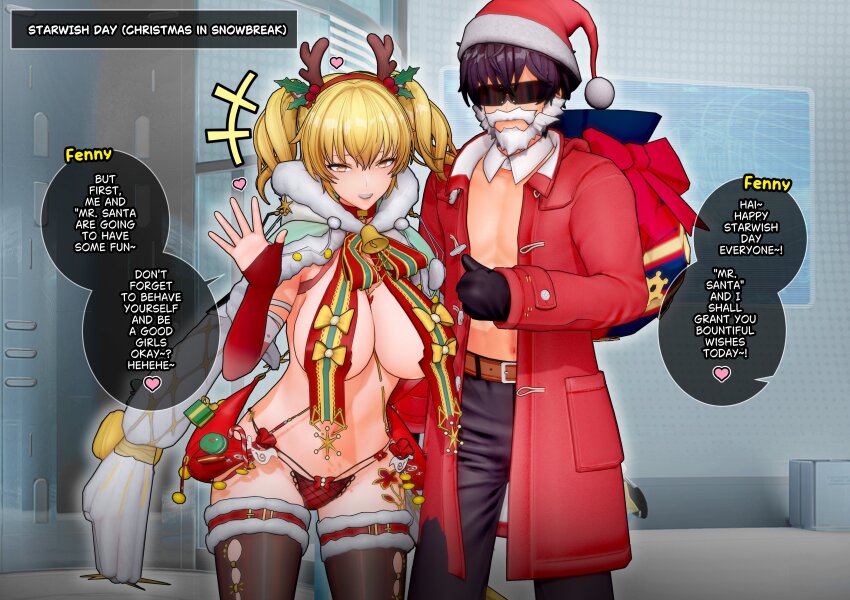 1boy 1girl 3d absurdres actualekusu adjutant_(snowbreak) antlers bare_shoulders bikini black_hair blonde_hair blush breasts cleavage fake_antlers fenny_golden gloves hair_between_eyes hair_ornament hat hetero highres horns large_breasts long_hair looking_at_viewer multicolored_hair navel open_mouth orange_eyes outdoors santa_bikini santa_costume santa_hat short_hair smile snowbreak:_containment_zone solo swimsuit thighs twintails yellow_eyes