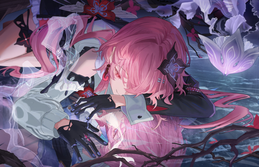 1girl absurdres black_gloves closed_mouth commentary_request different_reflection evernight_(honkai:_star_rail) flower gloves hair_flower hair_ornament highres honkai:_star_rail honkai_(series) long_hair long_sleeves lying march_7th_(honkai:_star_rail) march_7th_(preservation)_(honkai:_star_rail) nattsume_(natttsume) official_alternate_costume official_alternate_eye_color official_alternate_hair_length official_alternate_hairstyle on_stomach pink_hair red_eyes reflection short_hair silver_nails very_long_hair
