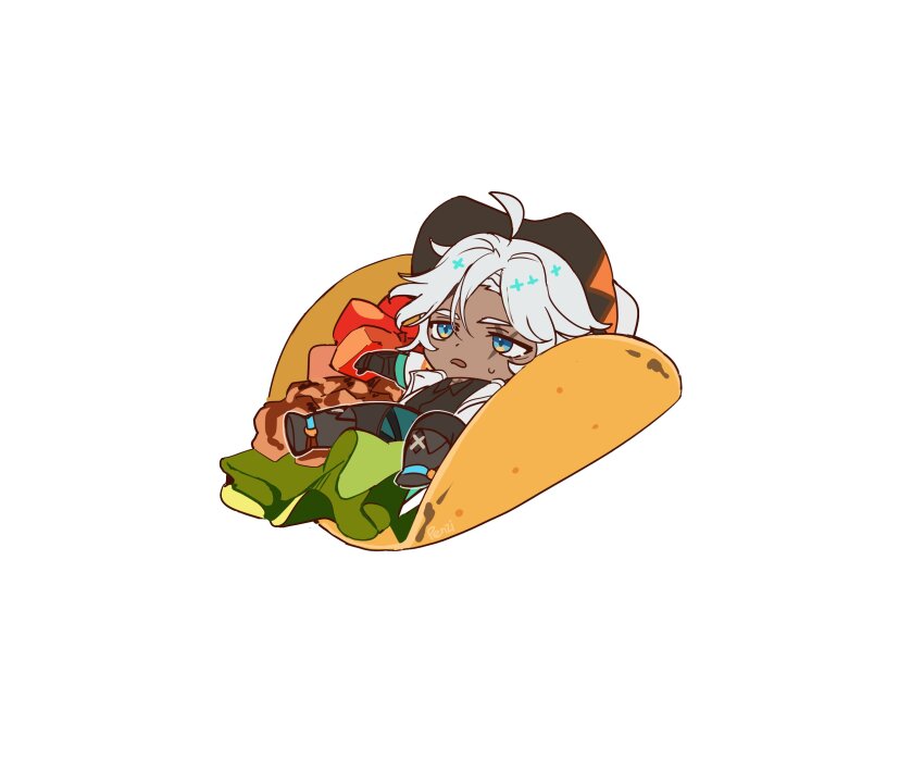 1boy absurdres ahoge black_boots black_shirt blue_eyes blue_pants boots chaps chibi coat collared_shirt cowboy_hat dark-skinned_male dark_skin food genshin_impact hair_between_eyes hat highres ifa_(genshin_impact) lab_coat lettuce lying male_focus mini_person miniboy on_back open_clothes open_coat open_mouth pants parted_bangs penzi_(mok_pen) scar scar_across_eye scar_on_face shirt short_hair short_sleeves simple_background solo sweatdrop taco tomato white_background white_coat white_hair white_hat