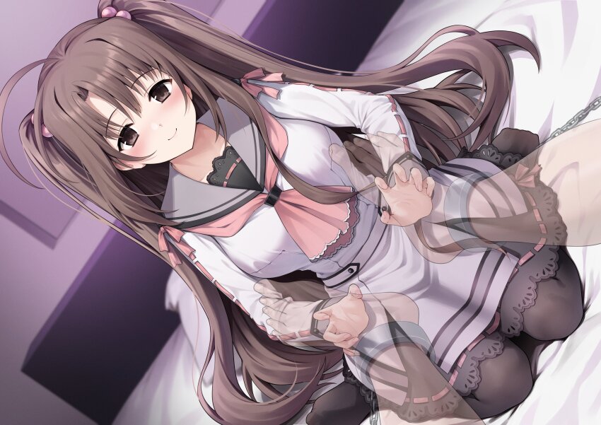 1boy 1girl absurdres ascot barefoot brown_eyes brown_hair closed_mouth commentary_request commission dutch_angle grey_sailor_collar hair_bobbles hair_ornament henria highres long_hair looking_at_viewer oretachi_ni_tsubasa_wa_nai pink_ascot pov pov_foot sailor_collar school_uniform serafuku shirt skeb_commission skirt smile solo_focus tickling tickling_feet twintails two_side_up very_long_hair watarai_asuka white_shirt white_skirt