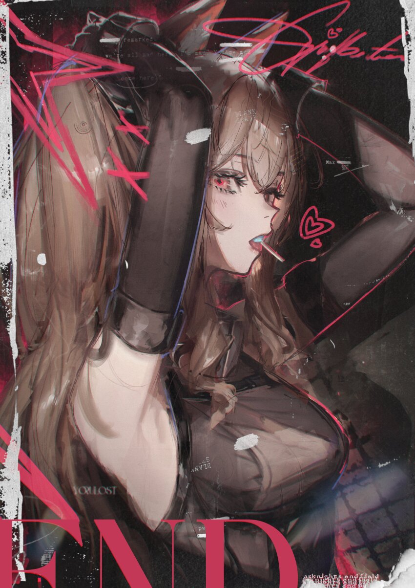 1girl absurdres angelina_(arknights) animal_ear_fluff animal_ears arknights arknights:_endfield armpits arms_up black_gloves bracelet breasts brown_hair candy commentary diamond-shaped_pupils diamond_(shape) dress elbow_gloves english_commentary english_text food fox_ears fox_girl from_side gilberta_(arknights) gloves grey_dress hands_up heart high_collar highres impossible_clothes impossible_dress jewelry lollipop long_hair looking_at_viewer medium_breasts nose outline red_eyes red_outline solo symbol-shaped_pupils tongue tongue_out tying_hair upper_body yorulost