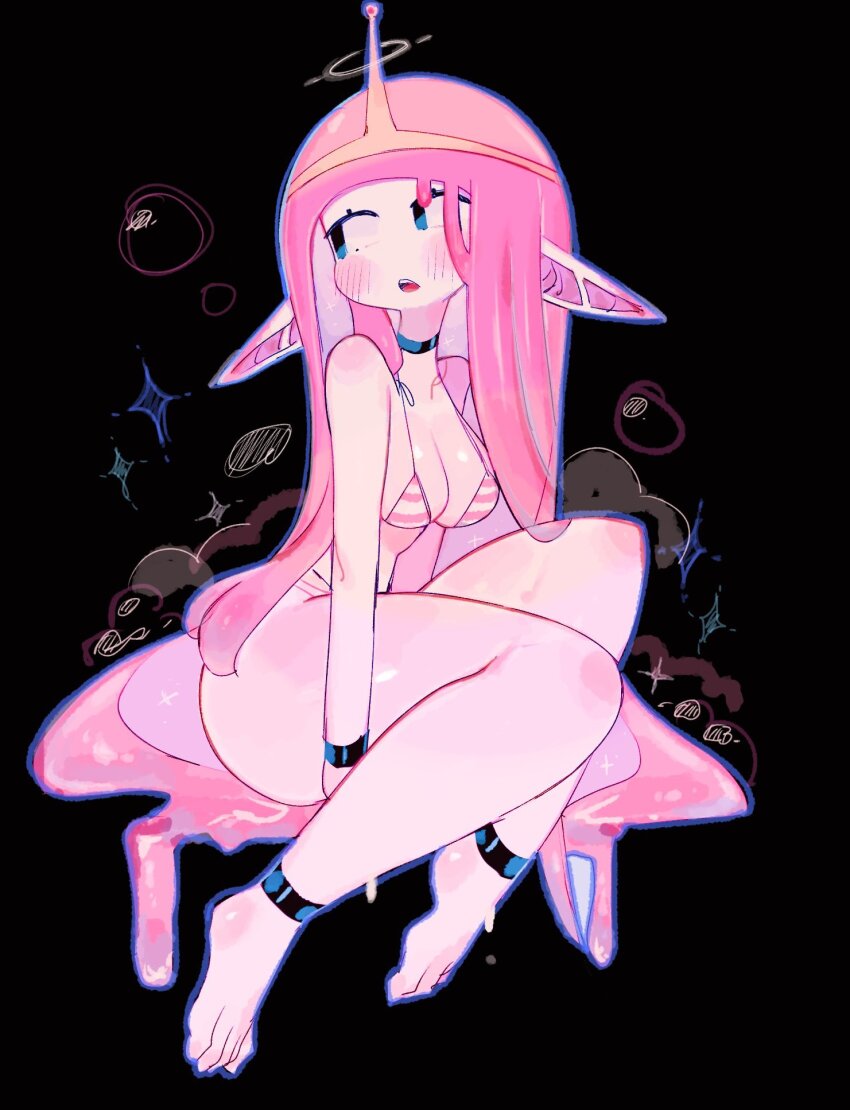 1girl adventure_time ankle_strap arm_strap barefoot bikini black_background black_choker blue_eyes blunt_bangs blush breasts choker collarbone colored_skin crown full_body highres large_breasts long_hair long_pointy_ears looking_to_the_side open_mouth pink_hair pink_skin pointy_ears princess_bonnibel_bubblegum sitting snail_(adventure_time) solo straight_hair striped_bikini striped_clothes swimsuit teeth upper_teeth_only usa37107692 very_long_hair