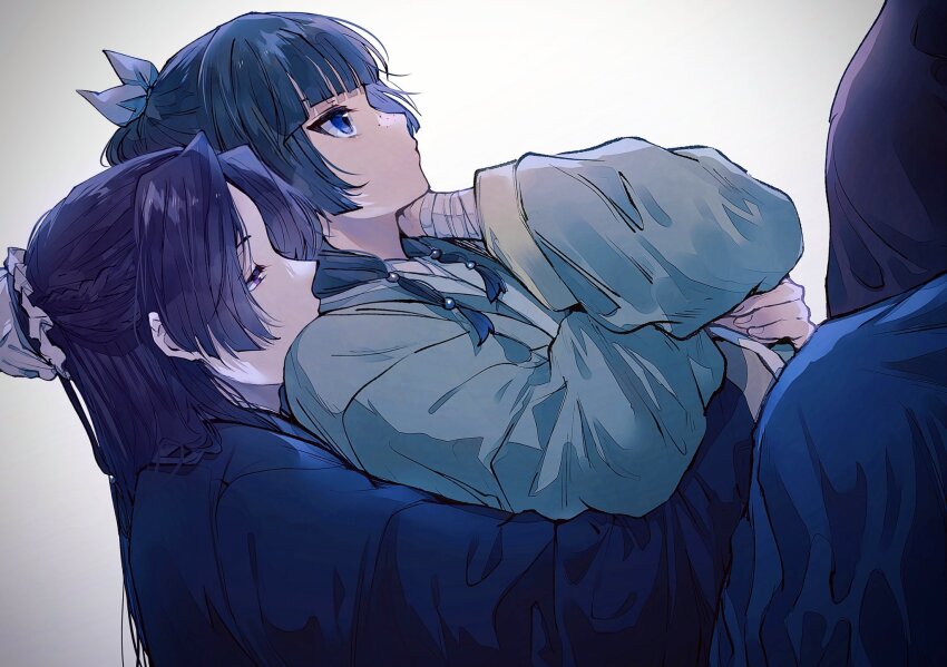 1boy 1girl arms_around_waist beads blue_eyes blunt_bangs bow bun_cover chinese_clothes daifukumochi213 green_hair hair_bow hair_bun hand_on_own_neck hanfu highres hug hug_from_behind jinshi_(kusuriya_no_hitorigoto) kusuriya_no_hitorigoto long_hair long_sleeves maomao_(kusuriya_no_hitorigoto) parted_bangs purple_eyes purple_hair purple_robe robe single_hair_bun upper_body wide_sleeves zhijupao