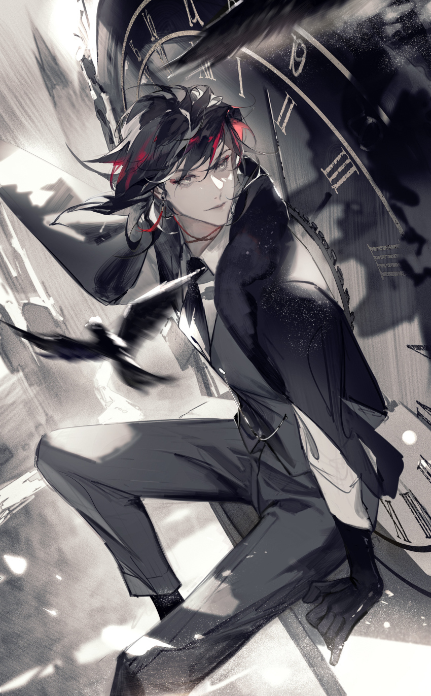 1boy absurdres analog_clock arm_support bird black_gloves black_hair black_jacket black_necktie black_pants black_vest chinese_commentary choker clock clock_tower closed_mouth collared_shirt commentary_request crow feet_out_of_frame from_side gloves high_up highres jacket jacket_on_shoulders lips long_hair long_sleeves looking_to_the_side male_focus medium_hair multicolored_hair necktie nijisanji nijisanji_en pants red_choker red_hair shirt sitting solo tower two-tone_hair vest virtual_youtuber vox_akuma white_shirt yellow_eyes yichun583