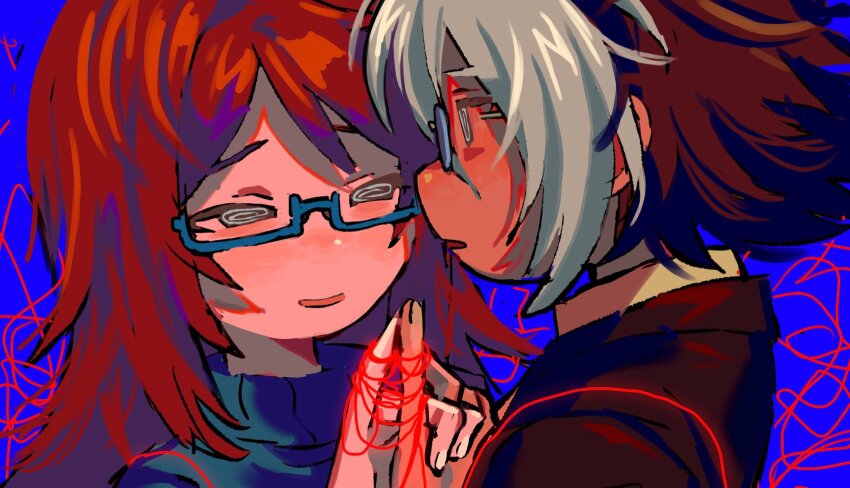 1boy 1girl @_@ adventure_time adventure_time:_fionna_and_cake betty_grof blue_background brown_hair brown_suit commentary english_commentary formal_clothes glasses green_sweater grey_hair highres holding_hands interlocked_fingers long_hair open_mouth red_hair simon_petrikov simple_background string string_of_fate suit sweater tsujii_luki