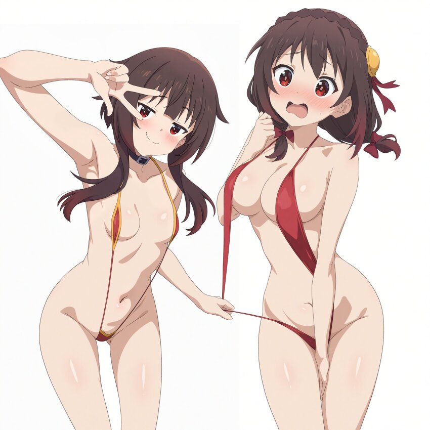 big_breasts blush breasts kono_subarashii_sekai_ni_shukufuku_wo! large_breasts loli marusankaku megumin slingshot_swimsuit small_breasts swimsuit yunyun_(konosuba)