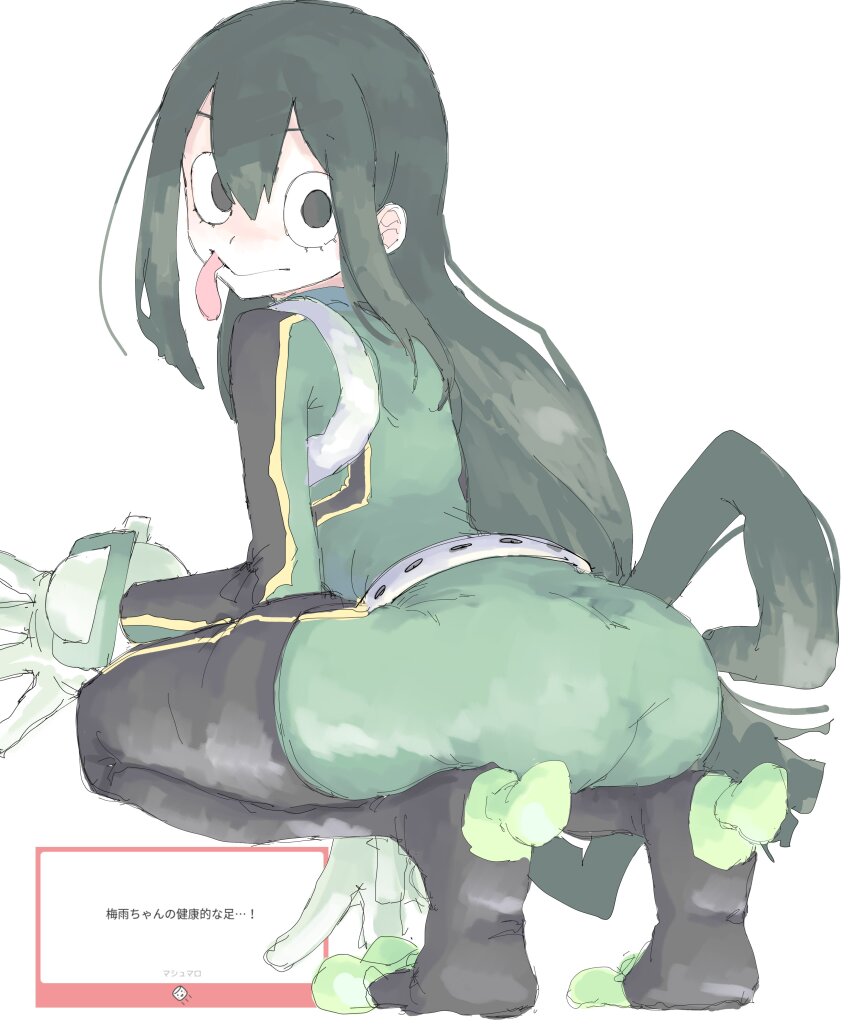 1girl absurdres ass asui_tsuyu asui_tsuyu_(hero_outfit) black_eyes black_hair bodysuit boku_no_hero_academia commentary_request frog_girl from_behind gloves green_bodysuit green_gloves hair_rings highres long_hair long_tongue looking_at_viewer looking_back low-tied_long_hair marshmallow_(site) mocamocaink request_inset simple_background sketch solo squatting thighs tiptoes tongue tongue_out white_background