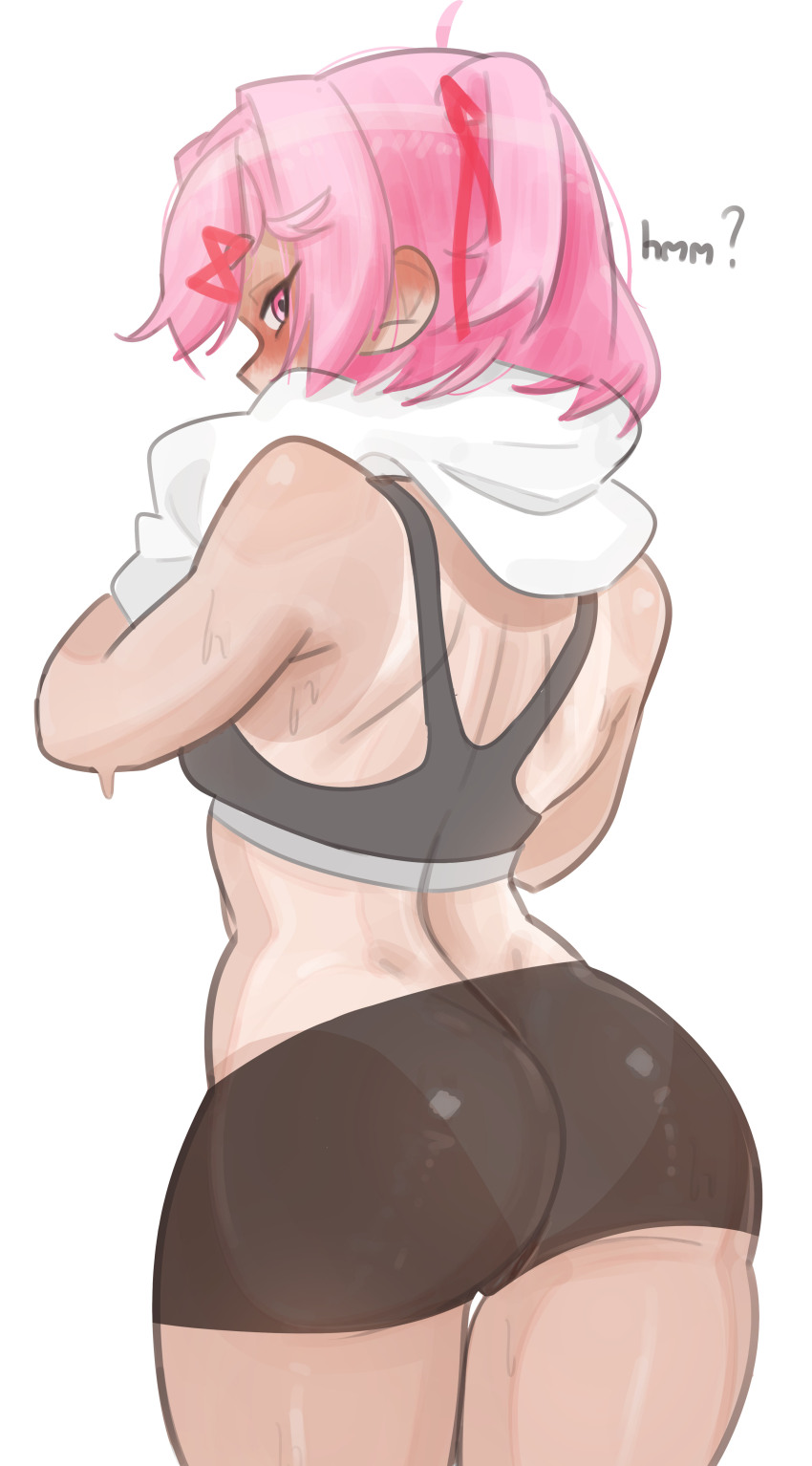 1girl absurdres ass back bare_shoulders blush commentary doki_doki_literature_club emiillb english_commentary gym_shorts hair_ribbon highres holding holding_towel natsuki_(doki_doki_literature_club) pink_eyes pink_hair red_ribbon ribbon shorts solo sweat tan tanline towel