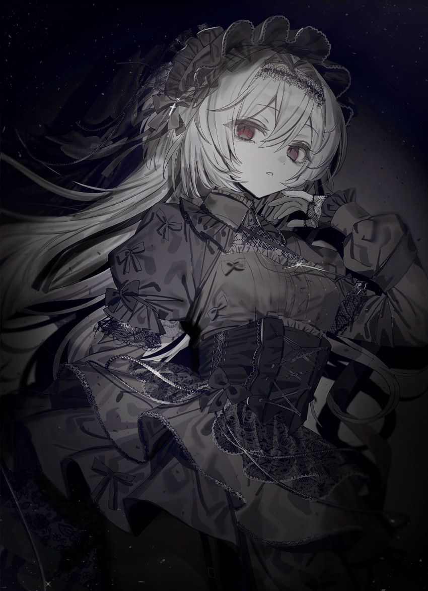 absurdres black_background black_bow black_corset black_dress bow buttons collared_dress commentary corset cowboy_shot dress eyes_visible_through_hair fingerless_gloves gloves gothic_lolita hair_between_eyes hair_intakes hairband highres hinomiya_shou lace lace_gloves lolita_fashion lolita_hairband long_hair long_sleeves original red_eyes solo very_long_hair white_hair