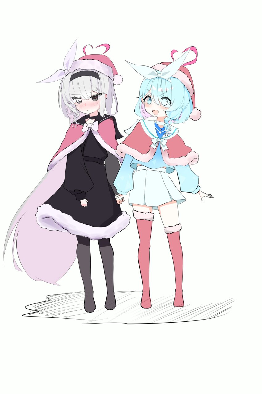 2girls absurdres alternate_costume arona_(blue_archive) black_eyes black_hairband black_pantyhose black_sailor_collar blue_archive blue_eyes blue_hair blue_shirt blush braid capelet cheeckae colored_inner_hair eyes_visible_through_hair fur-trimmed_capelet fur-trimmed_thighhighs fur_trim hair_over_one_eye hairband halo hat heart heart_halo highres holding_hands long_hair long_sleeves looking_at_another multicolored_hair multiple_girls pantyhose pink_capelet pink_hair plana_(blue_archive) pleated_skirt puffy_long_sleeves puffy_sleeves red_halo red_thighhighs ribbon sailor_collar santa_hat shirt single_braid skirt thighhighs very_long_hair white_background white_hair white_ribbon white_sailor_collar white_skirt