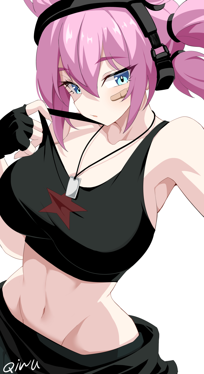 1girl absurdres artist_name bandaid bandaid_on_face bare_shoulders black_gloves black_tank_top blue_eyes clothes_grab collarbone command_&amp;_conquer command_&amp;_conquer:_red_alert command_&amp;_conquer:_red_alert_2 crop_top dog_tags expressionless fingerless_gloves foehn_revolt gloves hair_between_eyes highres jewelry looking_at_viewer mental_omega_(mod) midriff military_vehicle motor_vehicle multi-tied_hair navel necklace oywj pink_hair shirt_grab signature simple_background sleeveless star_(symbol) strap_pull tank tank_top upper_body white_background yunru_(mental_omega)