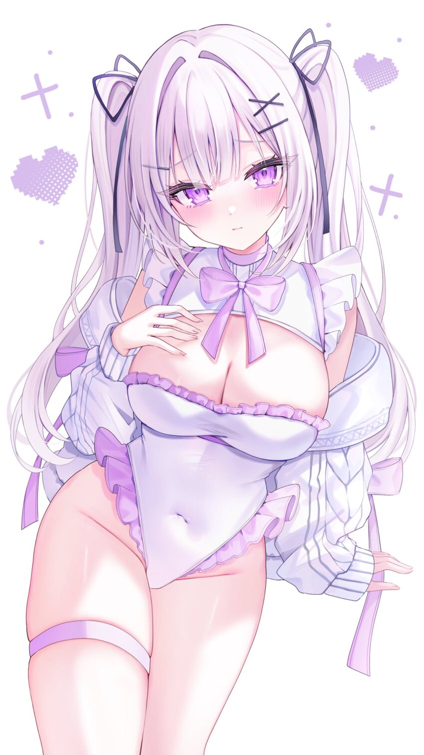 1girl blush breasts cleavage closed_mouth commentary commission covered_navel cross detached_sleeves dress english_commentary frilled_dress frills groin hair_between_eyes hair_intakes hair_ornament hair_ribbon hairclip hand_on_own_chest hand_up head_tilt heart highleg highleg_dress highres hiiragi_(hr_ccr) large_breasts long_hair long_sleeves looking_at_viewer neck_ribbon original pixel_heart purple_eyes purple_hair purple_ribbon ribbon sidelocks simple_background skeb_commission sleeves_past_wrists solo thigh_strap thighs twintails very_long_hair white_background white_dress x_hair_ornament
