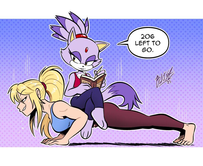 2girls absurdres animal_ears animal_nose artist_name barefoot blaze_the_cat blonde_hair book brandon_santiago cat_ears cat_girl cat_tail commentary commission crossover english_commentary english_text exercising eyelashes feet forehead_jewel furry furry_female gloves highres long_hair metroid multiple_girls nintendo no_shoes ponytail purple_fur push-ups samus_aran smile sonic_(series) speech_bubble tail tank_top toes topknot white_gloves