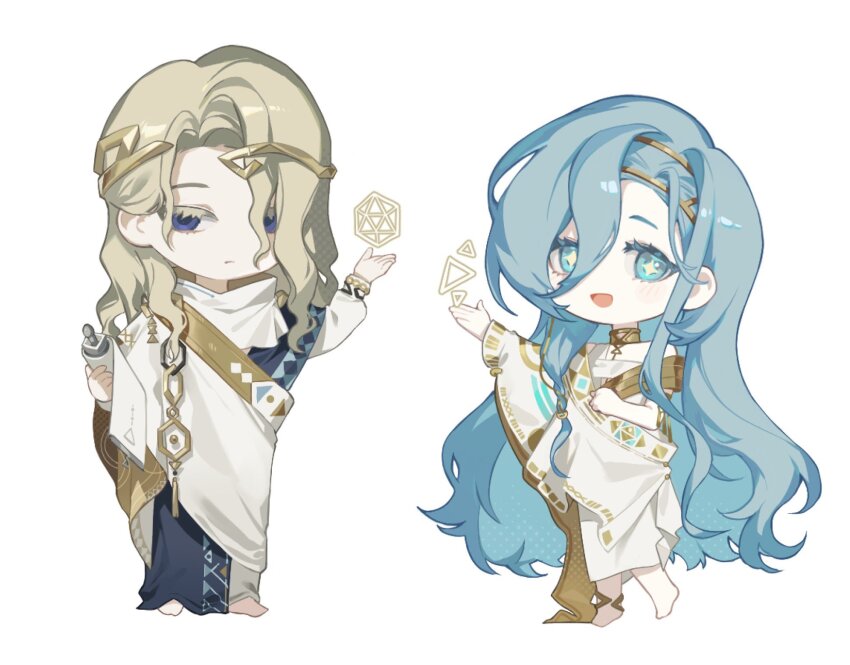 +_+ 1boy 1girl 37_(reverse:1999) 6_(reverse:1999) :d ancient_greek_clothes anklet bare_shoulders barefoot blonde_hair blue_eyes chibi circlet expressionless full_body gold_choker greco-roman_clothes hair_between_eyes hand_up hexagon highres holding holding_scroll jewelry long_hair open_mouth pelly.k reverse:1999 scroll smile standing toga triangle very_long_hair white_background