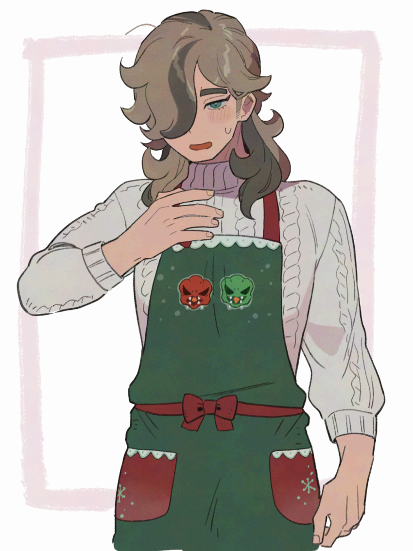 1boy 5ba_(gobaru5baru) apron arm_up arven_(holiday_2025)_(pokemon) arven_(pokemon) blue_eyes blush bow brown_hair cable_knit commentary_request cowboy_shot hair_behind_ear hair_over_one_eye highres long_hair male_focus medium_sideburns nintendo official_alternate_costume one_eye_covered open_mouth pokemon pokemon_masters_ex red_bow solo standing sweat sweater white_sweater