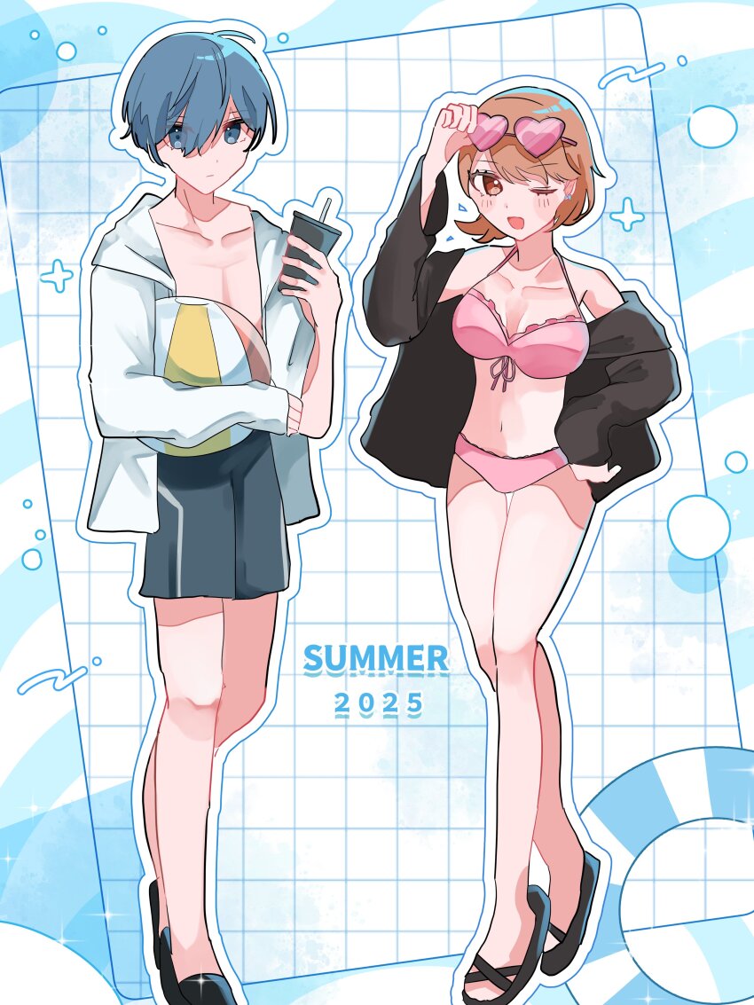 1boy 1girl 2025 :d absurdres adjusting_eyewear ball bare_legs beachball bikini black_hoodie black_shoes blue_eyes blue_hair blue_male_swimwear blue_swim_trunks blush breasts brown_eyes brown_hair closed_mouth collarbone commentary_request cup disposable_cup drink eyewear_on_head flipped_hair full_body grid_background hair_between_eyes hand_on_eyewear heart heart-shaped_eyewear highres holding holding_ball holding_beachball holding_cup holding_drink hood hoodie hoodie_partially_removed looking_at_viewer male_swimwear mogf navel open_clothes open_hoodie open_mouth outline persona persona_3 pink-tinted_eyewear pink_bikini shoes short_hair smile swimsuit takeba_yukari tinted_eyewear white_hoodie white_outline yuuki_makoto_(persona_3)