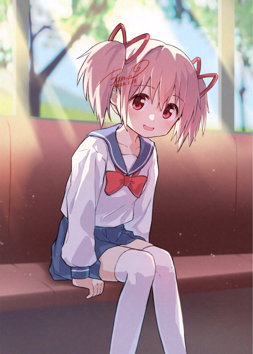 1girl :d asukaru_(magika_ru) blue_sailor_collar blue_skirt blush bow bowtie child commentary_request dated dot_nose feet_out_of_frame highres kaname_madoka long_sleeves looking_at_viewer mahou_shoujo_madoka_magica open_mouth over-kneehighs pink_hair pleated_skirt red_bow red_bowtie red_eyes sailor_collar school_uniform serafuku shirt short_hair short_twintails signature sitting skirt smile solo thighhighs twintails white_shirt white_thighhighs zettai_ryouiki