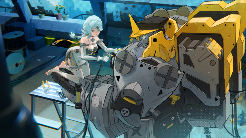 1girl absurdres bare_shoulders blue_eyes blue_hair braid braided_ponytail breasts chinese_commentary commentary_request flower_pot gloves hair_ornament hanasei highres holding ladder long_hair mole mole_on_shoulder power_tool robot see-through_dress_layer seed_(zenless_zone_zero) seed_sr. sleeveless stirrup_legwear toeless_legwear wire_cutters zenless_zone_zero
