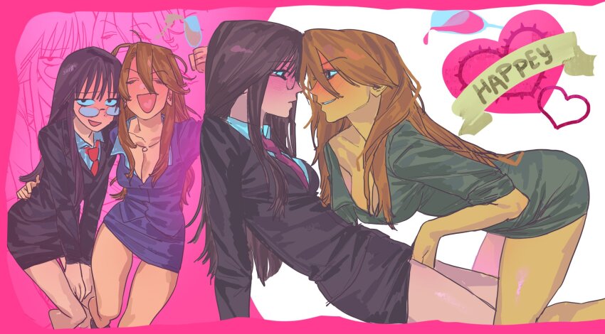 2girls :d arm_up artist_name black_eyes black_hair black_jacket black_skirt blue_jacket blue_skirt blush border breasts brown_hair champagne_flute cleavage closed_eyes collarbone collared_shirt commentary cup drinking_glass drunk english_commentary everyday_host eye_contact face-to-face fingering formal_clothes from_side full-face_blush genderswap genderswap_(mtf) glasses hair_between_eyes hair_over_shoulder hajime_(everyday_host) hand_on_another's_hip heart highres holding holding_cup jacket jewelry large_breasts leaning_back leaning_forward long_hair looking_at_another looking_at_viewer messy_hair miniskirt multiple_girls multiple_views necklace necktie off_shoulder open_mouth own_hands_clasped own_hands_together pale_skin pencil_skirt pink_border profile raised_inner_eyebrows red_necktie round_eyewear ryouichi_(everyday_host) shiny_skin shirt side-by-side sketch skirt skirt_suit sleeves_rolled_up small_breasts smile smirk spilling standing straddling suit suit_jacket tan v-shaped_eyebrows white_shirt wispy_bangs yammichuu yuri zoom_layer