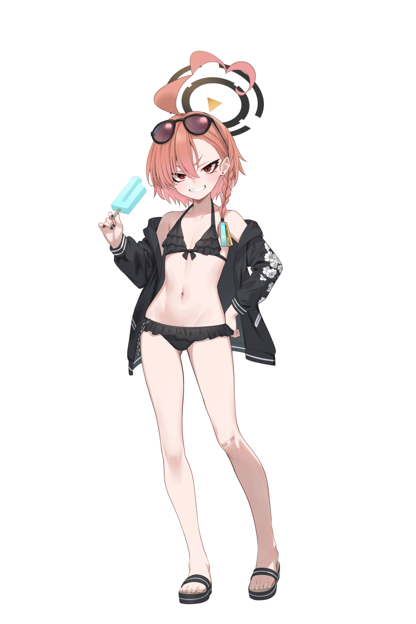 1girl ahoge bikini black-framed_eyewear black_bikini black_jacket black_nails blue_archive braid earrings fang flat_chest flip-flops food frilled_bikini frills hair_ornament hair_tie halo hand_on_own_hip holding_food holding_popsicle huge_ahoge jacket jewelry koisuke medium_hair mole_under_each_eye mole_under_eye multiple_moles navel neru_(blue_archive) neru_(swimsuit)_(blue_archive) open_clothes open_jacket orange_hair popsicle red_eyes sandals side_braid slit_pupils smile solo standing sunglasses sunglasses_on_head swimsuit white_background