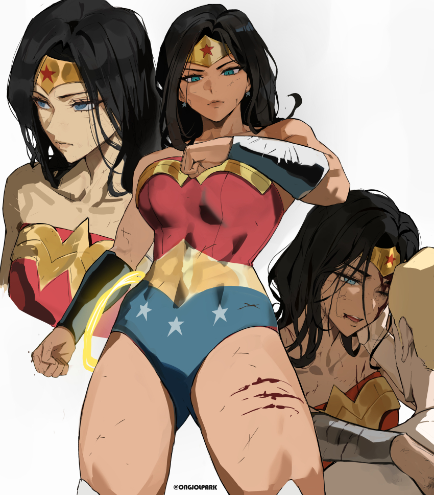 1boy 1girl absurdres black_hair blonde_hair blood blue_eyes commentary dc_comics earrings english_commentary highres jewelry lasso lasso_of_truth leotard long_hair park_ongjol star_(symbol) star_earrings star_print superhero_costume tiara twitter_username wonder_woman wonder_woman_(series)