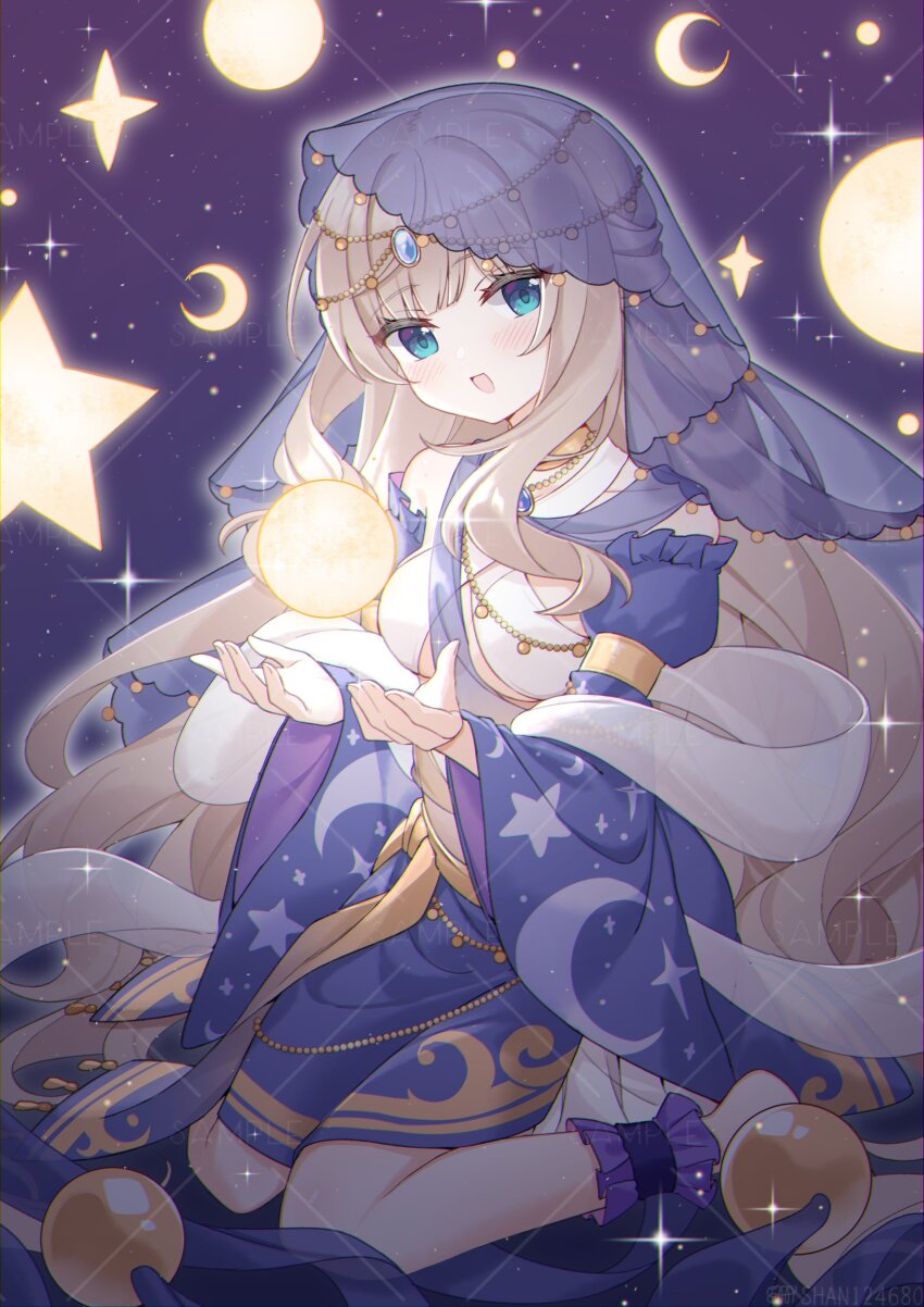 1girl absurdres ankle_cuffs armlet bare_shoulders blue_eyes blue_skirt blue_sleeves blue_veil breasts brooch brown_hair commentary_request crescent crescent_moon da_shan_mao detached_sleeves frilled_cuffs gold_armlet highres jewelry layered_skirt long_hair long_sleeves medium_breasts moon open_mouth orb original see-through_clothes see-through_veil sitting skirt smile solo star_(symbol) veil very_long_hair wariza white_skirt wide_sleeves