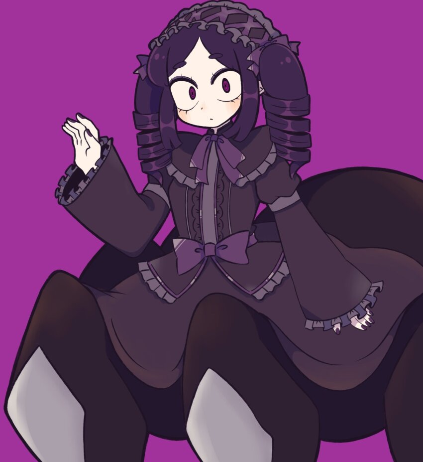 1girl arthropod_girl bow closed_mouth commentary drill_hair english_commentary gothic_lolita highres insect_girl lolita_fashion long_sleeves looking_at_viewer medium_hair original parted_bangs purple_background purple_bow purple_eyes purple_hair purple_nails simple_background sofo_soup solo spider_girl twin_drills