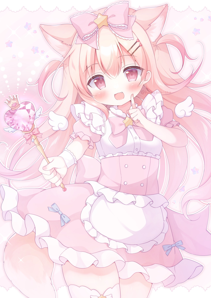1girl :3 :d animal_ears apron blonde_hair blush bow bowtie brooch commentary_request cowboy_shot fang fox_ears fox_girl fox_tail frilled_apron frilled_bow frilled_skirt frills hair_bow hair_ornament hanasakichu hand_up highres holding holding_wand index_finger_raised jewelry long_hair looking_at_viewer mini_wings momose_nina open_mouth pink_bow pink_bowtie pink_skirt project_nebula red_eyes shirt short_sleeves skirt smile solo star_(symbol) star_brooch star_hair_ornament tail thighhighs two_side_up virtual_youtuber waist_apron wand white_apron white_shirt white_thighhighs wings wrist_cuffs