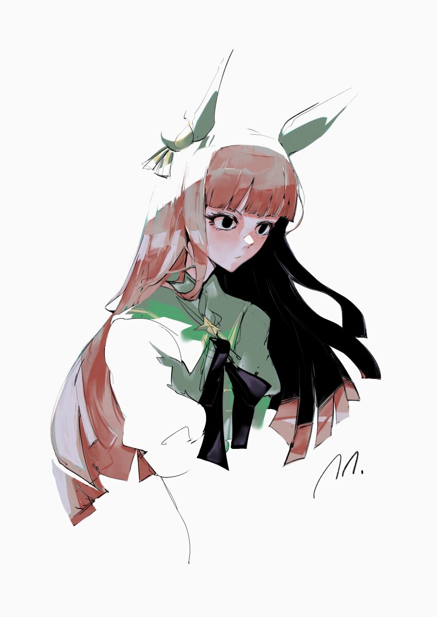 1girl absurdres animal_ears blunt_bangs bow brown_hair commentary ear_covers english_commentary hairband highres horse_ears horse_girl long_hair orange_hair ringring_(artist) signature silence_suzuka_(umamusume) simple_background solo umamusume white_background white_hairband