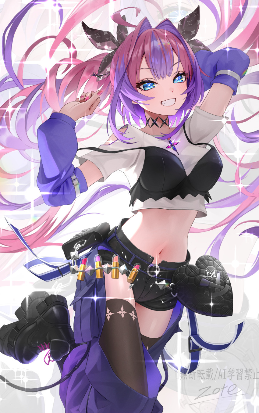 1girl absurdres ahoge black_boots black_bow black_bra black_chaps black_shorts black_thighhighs blue_eyes boots bow bra bra_over_clothes closed_mouth commentary_request cropped_shirt hair_bow highres hololive hololive_dev_is kikirara_vivi kikirara_vivi_(1st_costume) long_hair looking_at_viewer multicolored_hair nail_polish pink_hair pink_nails purple_streaks shirt shorts smile solo streaked_hair thighhighs twintails underwear very_long_hair virtual_youtuber white_shirt zote_illust