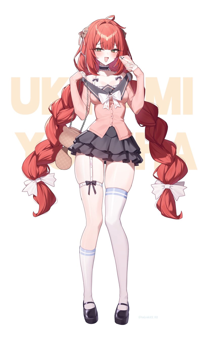 1girl absurdres asymmetrical_legwear black_sailor_collar black_skirt blush braid braided_twintails breasts chest_bow commentary_request frilled_skirt frills green_eyes hair_ornament hearing_aid highres kneehighs long_hair looking_at_viewer low_twin_braids mismatched_legwear open_mouth pink_shirt red_hair sailor_collar shirt single_kneehigh single_sock single_thighhigh skirt sleeves_past_wrists smile socks solo sphere_hair_ornament standing taiyaki12 thigh_strap thighhighs twin_braids twintails ukinami_yuzuha very_long_hair white_thighhighs zenless_zone_zero