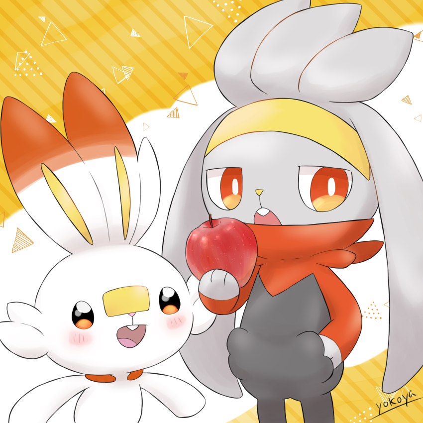 apple arms_at_sides artist_name commentary diagonal_stripes food fruit gen_8_pokemon hand_in_pocket highres holding holding_food holding_fruit looking_at_food looking_away nao_me_mo nintendo no_humans open_mouth orange_eyes pokemon pokemon_(creature) raboot scorbunny smile striped teeth upper_teeth_only