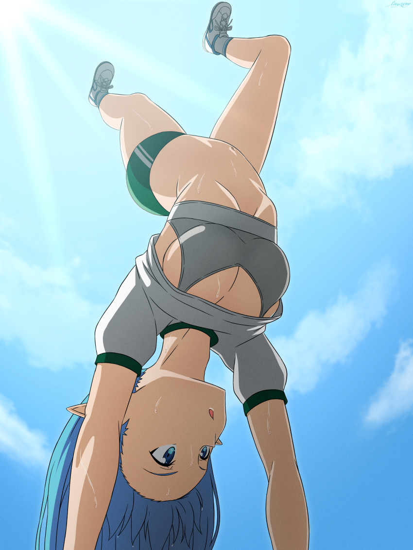1girl absurdres asuna_(sao) black_hair blue_eyes blue_sky breasts elf handstand highres large_breasts mysteryctu navel open_mouth pointy_ears sky sports_bra sports_panties sportswear stomach sunlight sweat sword_art_online upside-down