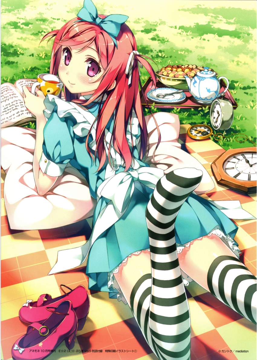 1girl absurdres alice's_adventures_in_wonderland alice_(alice_in_wonderland) alice_(alice_in_wonderland)_(cosplay) bow brown_eyes checkered_floor clock cookie cosplay cup dress food hair_bow highres kantoku kurumi_(kantoku) lying mary_janes non-web_source on_stomach original plate pocket_watch purple_eyes red_shoes scan shoes solo spoon striped_clothes striped_thighhighs tea_set teacup teapot the_pose thighhighs tray unworn_shoes watch