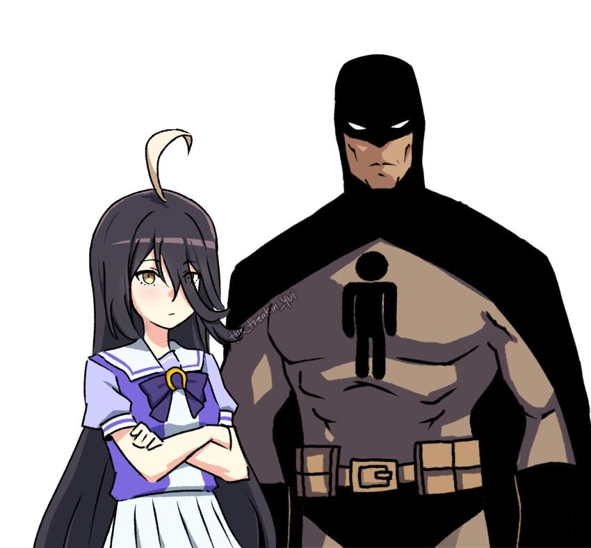 1boy 1girl ahoge artist_name batman batman_(series) belt black_cape black_hair bodysuit bow bowtie cape commentary cowl crossed_arms crossover dc_comics english_commentary expressionless grey_bodysuit hair_between_eyes highres humanization long_hair looking_at_viewer manhattan_cafe_(umamusume) mask multicolored_hair pleated_skirt purple_bow purple_bowtie purple_serafuku purple_shirt school_uniform serafuku shirt simple_background skirt standing summer_uniform superhero_costume taut_bodysuit the_freakin_yui tracen_school_uniform two-tone_hair umamusume upper_body utility_belt very_long_hair watermark white_background white_hair white_skirt yellow_eyes