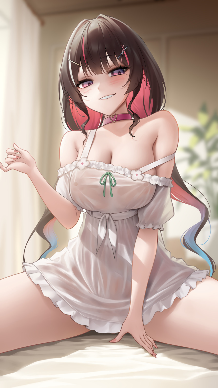 1girl absurdres azki_(hololive) babydoll bare_shoulders black_hair blush breasts choker cleavage colored_inner_hair covered_navel hair_intakes hair_ornament hairclip heart heart_choker highres hololive large_breasts large_variant_set long_hair looking_at_viewer mole mole_under_eye multicolored_hair nipples no_bra no_panties open_mouth pink_choker pink_eyes pink_hair pink_streaks purple_eyes see-through_clothes sitting smile solo somebody_(leiking00) spread_legs strap_slip streaked_hair variant_set very_long_hair virtual_youtuber white_babydoll white_hair white_streaks x_hair_ornament