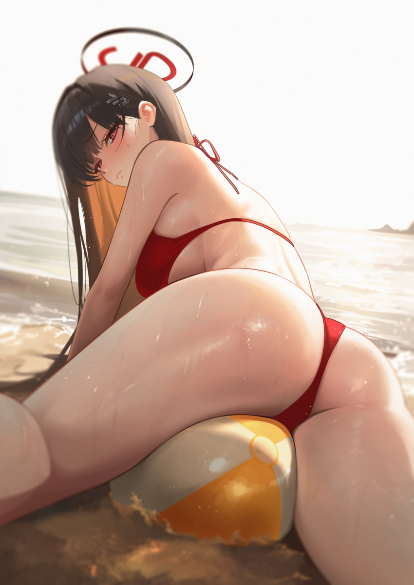 1girl all_fours ass ass_focus ball beach beachball between_thighs bikini black_hair blue_archive breasts bright_pupils commentary daehoak english_commentary from_behind hair_behind_ear hair_ornament hairclip halo highres large_breasts long_hair looking_at_viewer looking_back outdoors red_bikini red_eyes rio_(blue_archive) solo swimsuit thighs water wet white_pupils