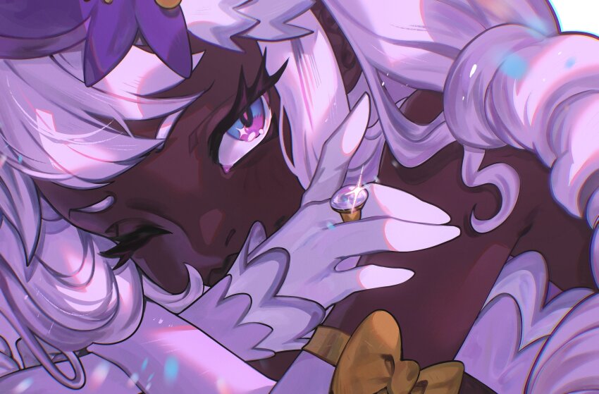 1girl alternate_costume bow cinnabarbie commentary covered_mouth dark-skinned_female dark_skin dress elbow_gloves english_commentary fascinator glint gloves gold_ring hair_ornament highres jacinthe_(pokemon) long_eyelashes long_hair looking_at_viewer low_drills nintendo one_eye_closed pokemon pokemon_legends:_z-a portrait purple_dress purple_eyes purple_gloves purple_hair solo strapless strapless_dress very_dark_skin yellow_bow