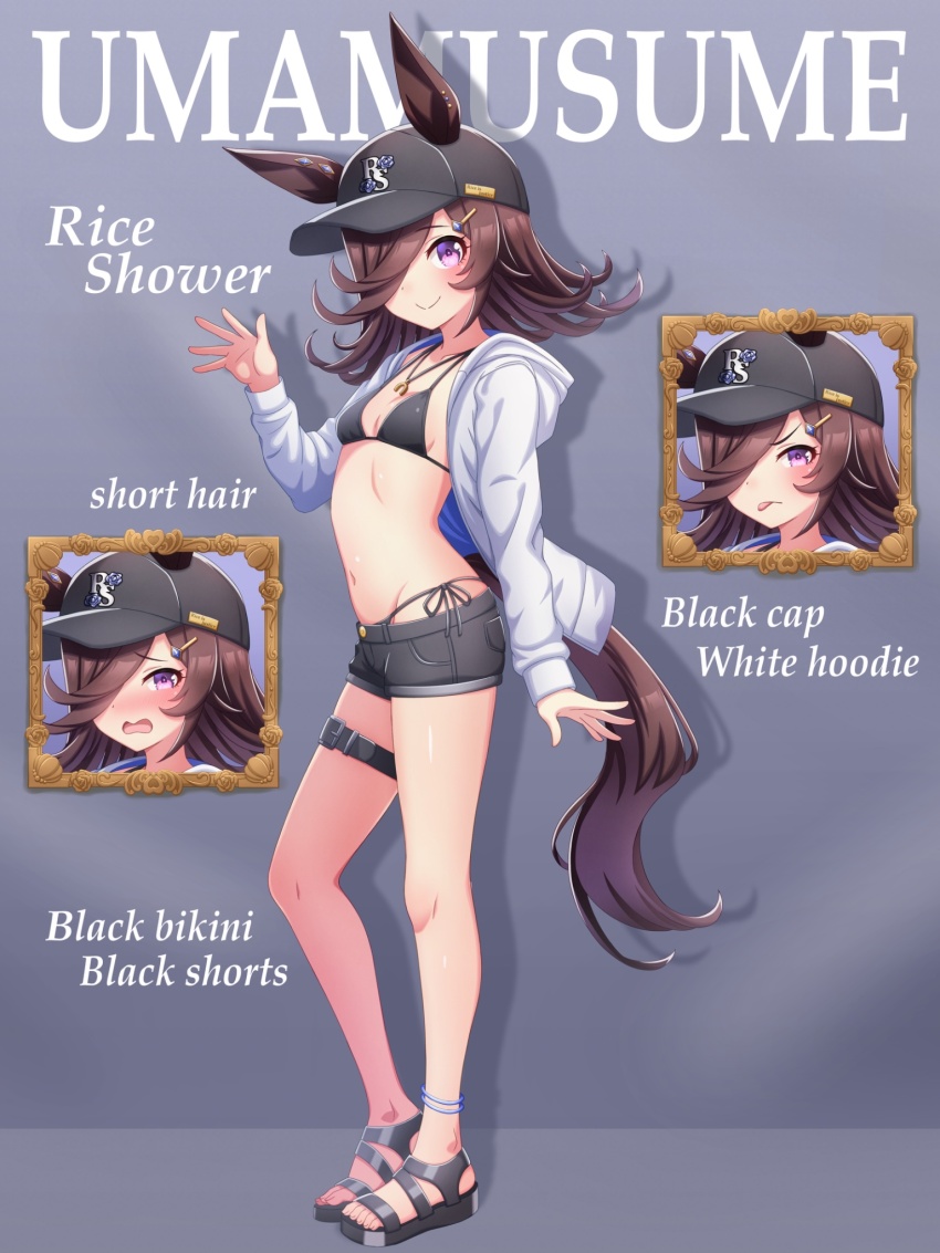 1girl animal_ears baseball_cap bikini black_bikini blush breasts brown_hair closed_mouth commentary commentary_request ears_through_headwear english_text flipped_hair hair_ornament hair_over_one_eye hairclip hat highres hokuyukis hood hood_down hooded_jacket hoodie horse_ears horse_girl horse_tail jacket jewelry long_hair looking_at_viewer mixed-language_commentary navel necklace open_clothes open_jacket open_mouth purple_eyes rice_shower_(umamusume) sandals small_breasts smile stomach swimsuit tail tongue tongue_out umamusume white_hoodie