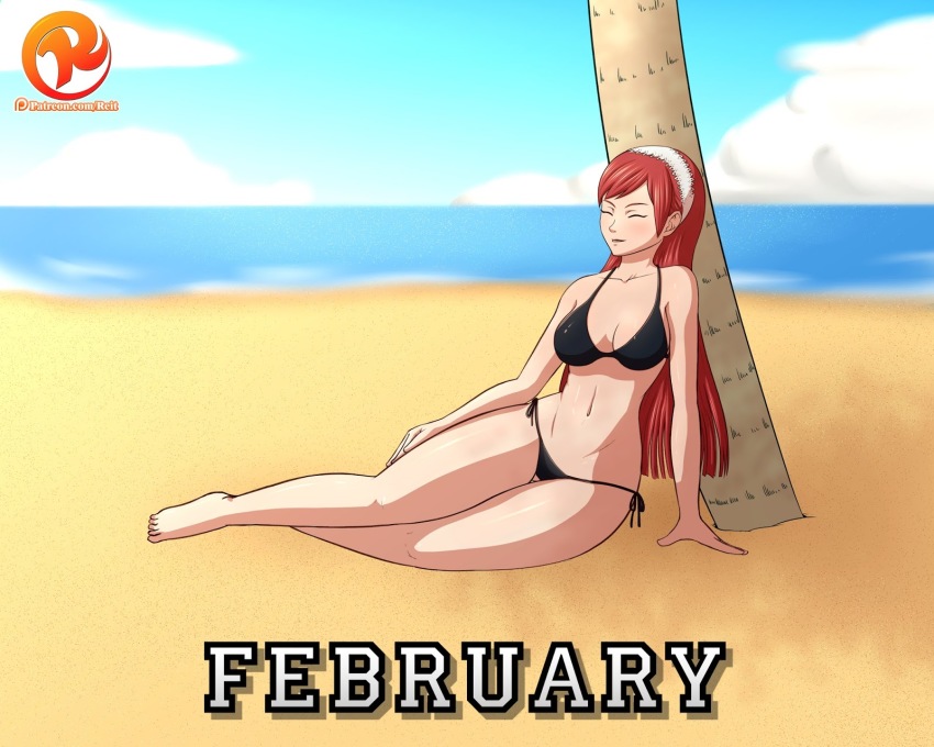 1girl barefoot beach bikini black_bikini breasts cherche_(fire_emblem) cleavage cloud closed_eyes fire_emblem fire_emblem_awakening hairband highres long_hair navel nintendo ocean palm_tree pink_hair reit sand sky swimsuit tree water watermark