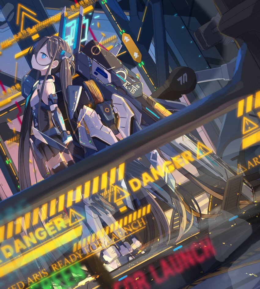 1girl absurdres aris_(blue_archive) aris_(mecha_suit)_(blue_archive) bare_shoulders black_hair blue_archive blue_eyes commentary_request force_(fossan_01) gloves hair_between_eyes halo highres holding long_hair mecha_musume mechanical_wings rectangular_halo sign skirt solo thighhighs twintails very_long_hair warning_sign wings