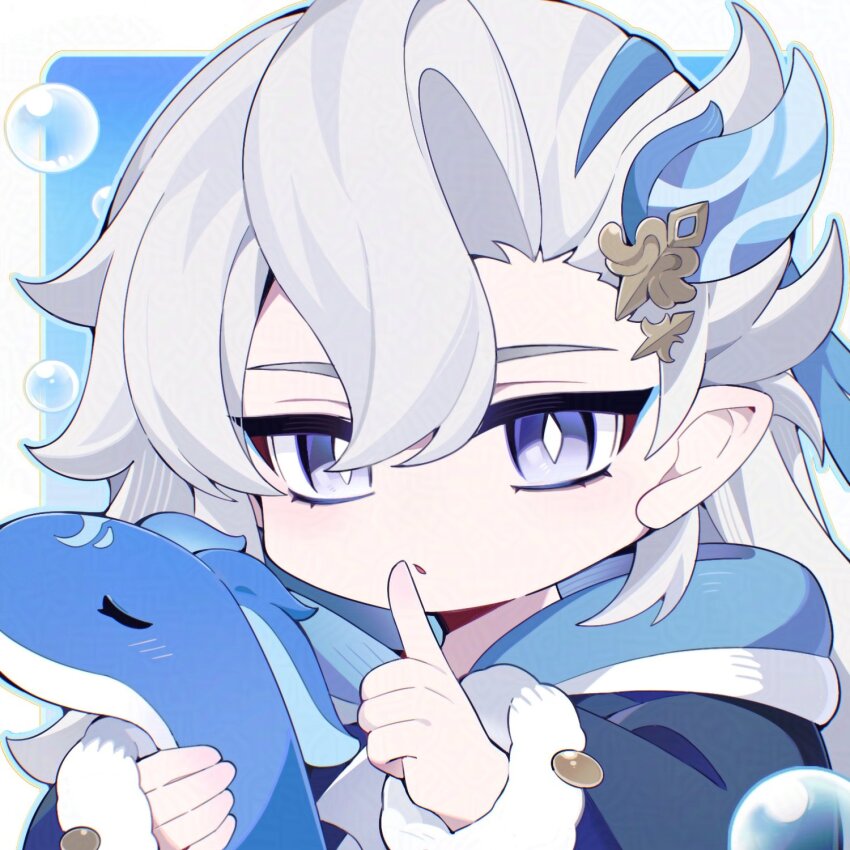 1boy akiling736723 blue_eyes blue_hair diamond-shaped_pupils diamond_(shape) eyelashes fur-trimmed_sleeves fur_trim genshin_impact hair_between_eyes hair_ornament highres holding hood hood_down index_finger_raised male_focus multicolored_hair neuvillette_(genshin_impact) pointy_ears soap_bubbles solo streaked_hair symbol-shaped_pupils white_fur white_hair