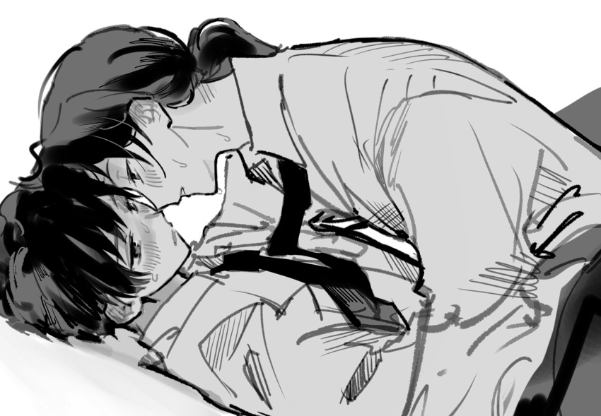 2boys axis_powers_hetalia blush china_(hetalia) collared_shirt commentary_request formal_clothes hair_between_eyes half-closed_eyes highres japan_(hetalia) long_hair long_sleeves looking_at_another looking_down looking_up low_ponytail lying male_focus monochrome multiple_boys necktie nniutrnykngig on_back pants ponytail shirt short_hair sidelocks simple_background sweatdrop teeth yaoi