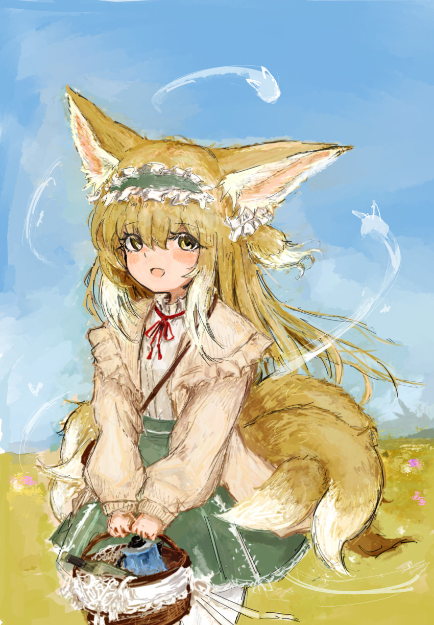 1girl absurdres animal_ears arknights basket blonde_hair blue_hairband cardigan commentary fox_ears fox_girl fox_tail frilled_hairband frills hairband highres holding holding_basket kitsune long_hair long_sleeves mashiro_(mashilolicon) multicolored_hair neck_ribbon official_alternate_costume open_clothes open_mouth outdoors red_ribbon ribbon shirt skirt solo suzuran_(arknights) suzuran_(spring_praise)_(arknights) tail white_shirt