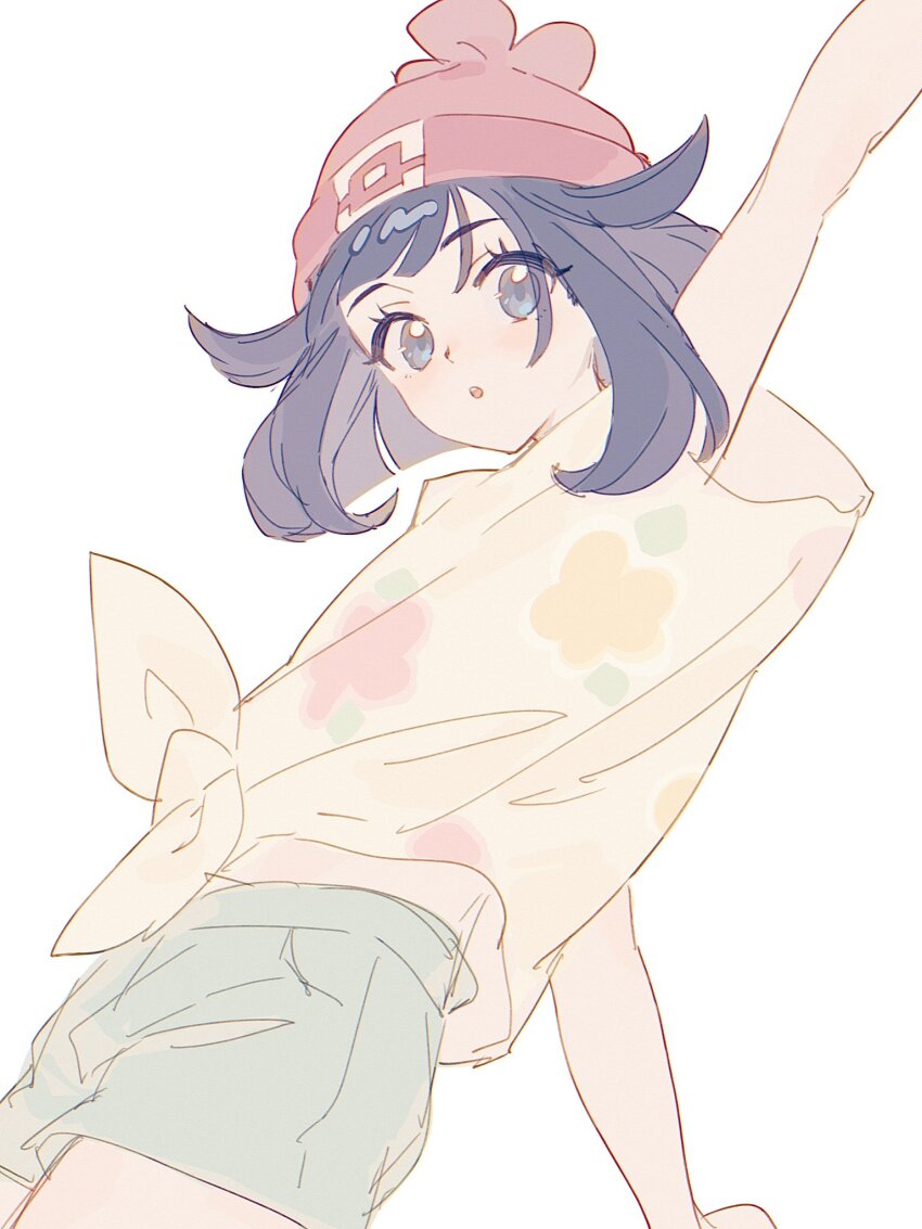 1girl beanie black_hair blue_eyes blush floral_print fua1heyvot4ifsr green_shorts hat highres looking_at_viewer nintendo parted_lips pokemon pokemon_sm red_hat selene_(pokemon) shirt short_hair short_sleeves shorts simple_background t-shirt tied_shirt white_background yellow_shirt