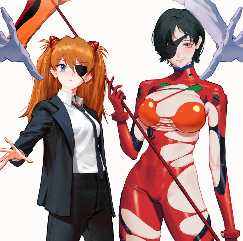 2girls absurdres age_difference black_hair black_jacket black_necktie blue_eyes blush bodysuit breasts chainsaw_man collared_shirt cosplay costume_switch evangelion:_3.0+1.0_thrice_upon_a_time eyepatch formal_clothes ghost_hands green_eyes hair_between_eyes hair_ornament highres himeno_(chainsaw_man) himeno_(chainsaw_man)_(cosplay) holding jacket large_breasts long_hair looking_at_viewer mecha_pilot_suit multicolored_bodysuit multiple_girls necktie neon_genesis_evangelion orange_bodysuit orange_hair plugsuit_(evangelion) rebuild_of_evangelion red_bodysuit shirt shirt_tucked_in short_hair simple_background small_breasts smile souryuu_asuka_langley souryuu_asuka_langley_(cosplay) suit white_shirt wonbin_lee