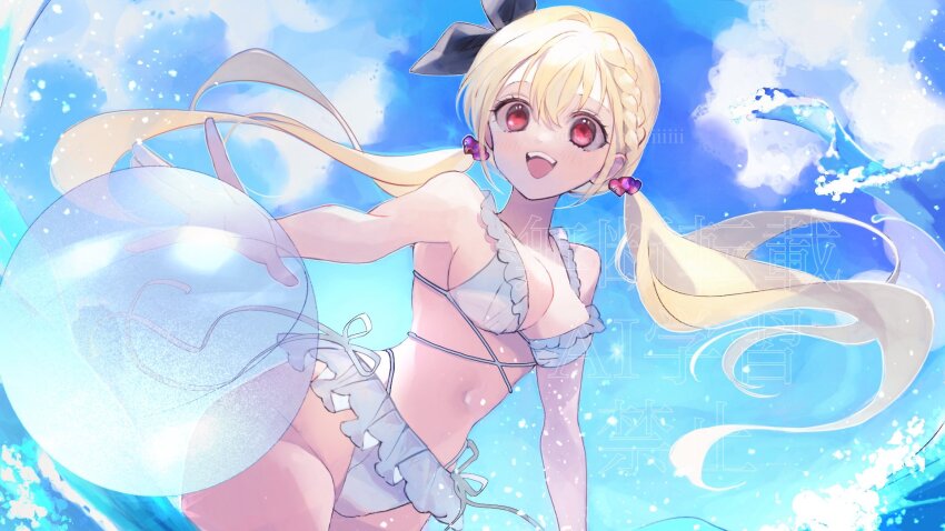 1girl ball banbanjiiiiiii bare_shoulders beachball bikini black_ribbon blonde_hair blue_sky breasts character_request cleavage cloud commentary_request commission hair_ribbon half_crown_braid highres long_hair medium_breasts navel open_mouth original red_eyes ribbon sky solo swimsuit teeth twintails upper_teeth_only white_bikini