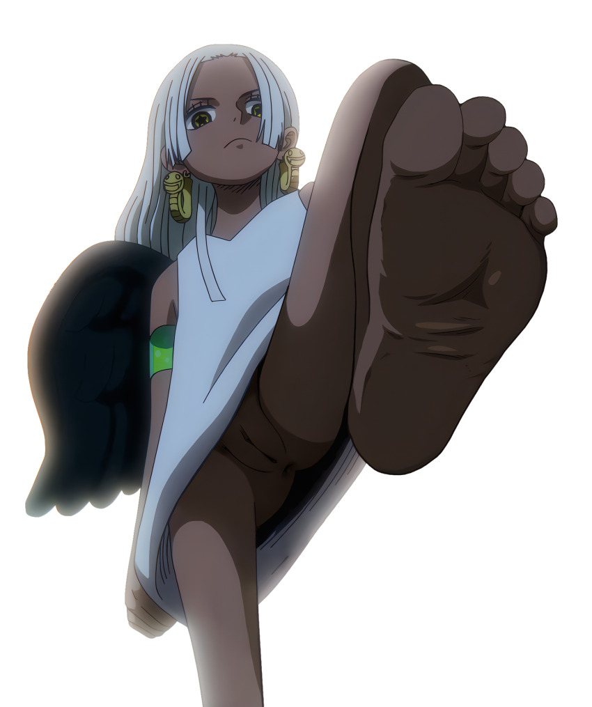 anus ass bare_legs barefoot black_feathers black_wings bottomless dark-skinned_female dark_skin dress earrings expressionless feathered_wings feathers feet feet_up foot_focus gold_earrings highres jewelry loli long_hair looking_at_viewer no_panties one_piece pov pussy s-snake seraphim_(one_piece) sleeveless sleeveless_dress snake_earrings star-shaped_pupils star_(symbol) symbol-shaped_pupils third-party_edit transparent_background white_dress white_hair wings yellow_eyes